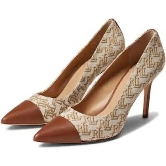 Lauren Ralph Lauren Lindella Monogram Jacquard Pump Size 8M 3.5” heel Khaki