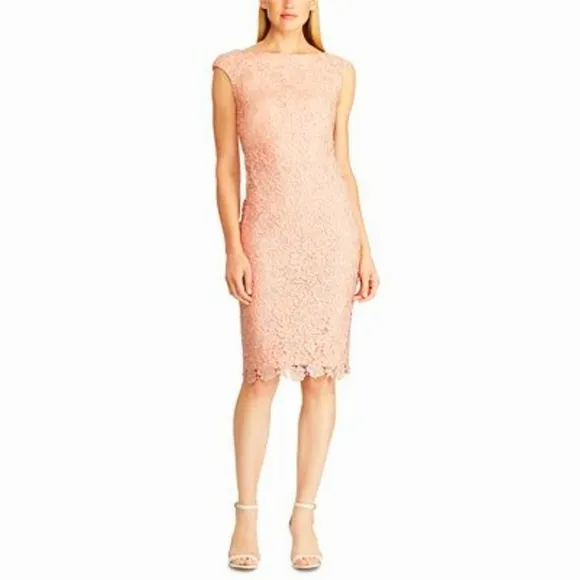 Lauren Ralph Lauren Sleeveless Lace Sheath Dress Peachy Pink Fully Lined - sz 8
