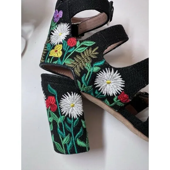 Laurence Dacade Dana Floral Embroidered Linen Sandal Block Heel 36