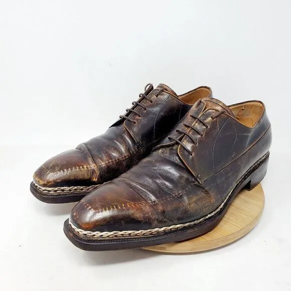 Lidfort x Barneys Shoes Mens 10 Brown Leather Derby Italy Stitched Oxford
