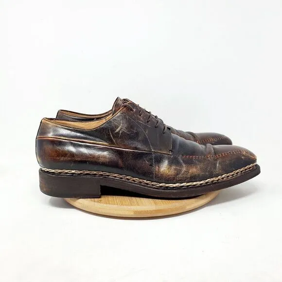 Lidfort x Barneys Shoes Mens 10 Brown Leather Derby Italy Stitched Oxford