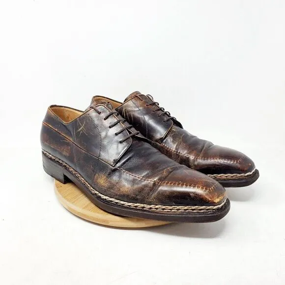 Lidfort x Barneys Shoes Mens 10 Brown Leather Derby Italy Stitched Oxford