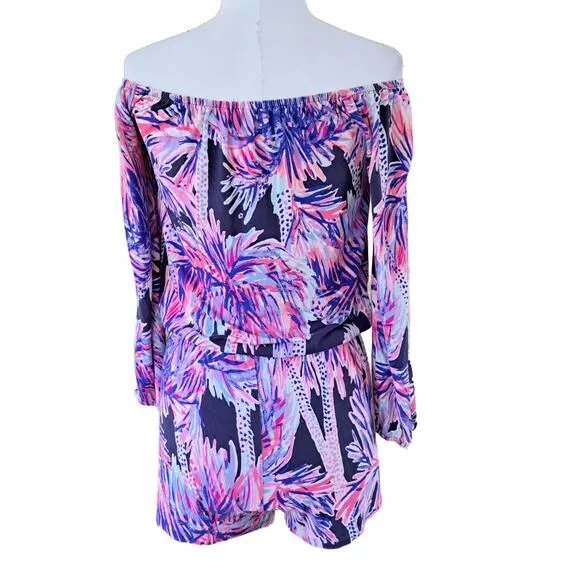 LILLY PULITZER Lana Off The Shoulder Romper In Bright Navy Palms Up