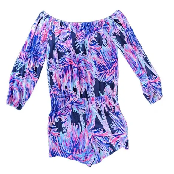 LILLY PULITZER Lana Off The Shoulder Romper In Bright Navy Palms Up