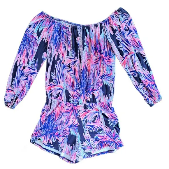LILLY PULITZER Lana Off The Shoulder Romper In Bright Navy Palms Up