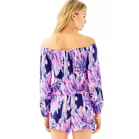 LILLY PULITZER Lana Off The Shoulder Romper In Bright Navy Palms Up