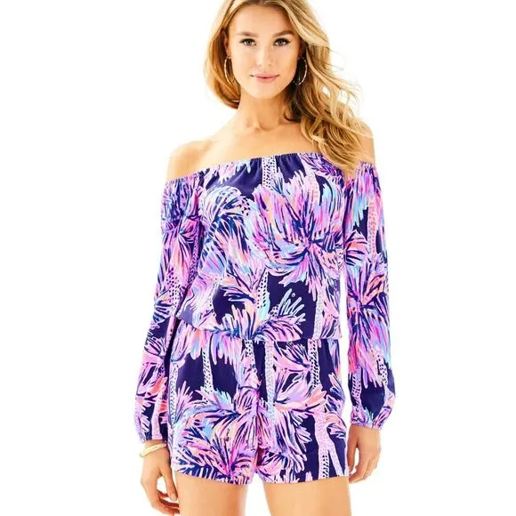 LILLY PULITZER Lana Off The Shoulder Romper In Bright Navy Palms Up