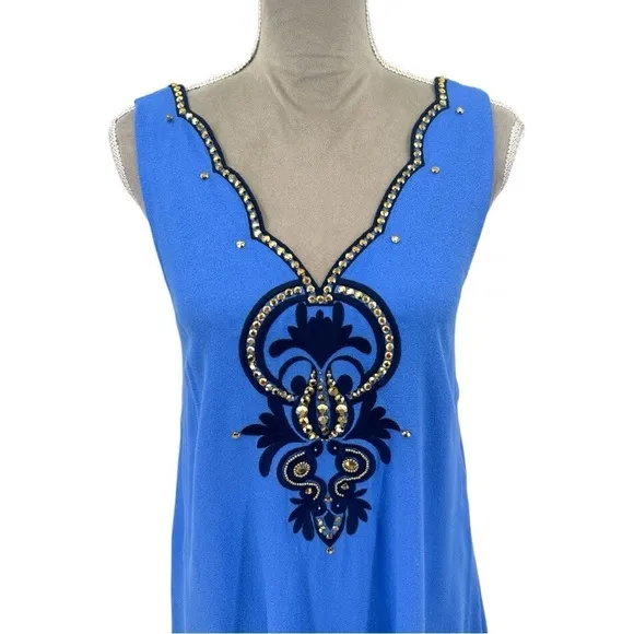 Lilly Pulitzer Owen Beaded Scallop V-Neck Swing Party Dress - Beckon Blue -Small
