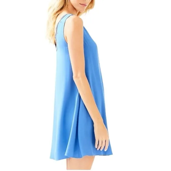 Lilly Pulitzer Owen Beaded Scallop V-Neck Swing Party Dress - Beckon Blue -Small