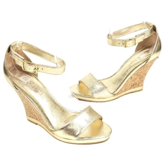 LILLY PULITZER Women's Gold Metallic Ankle Strap Cork Wedges Leather Sandals