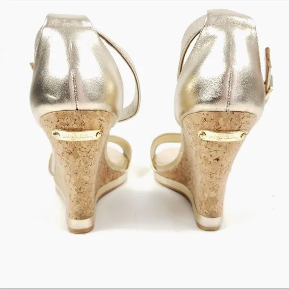LILLY PULITZER Women's Gold Metallic Ankle Strap Cork Wedges Leather Sandals