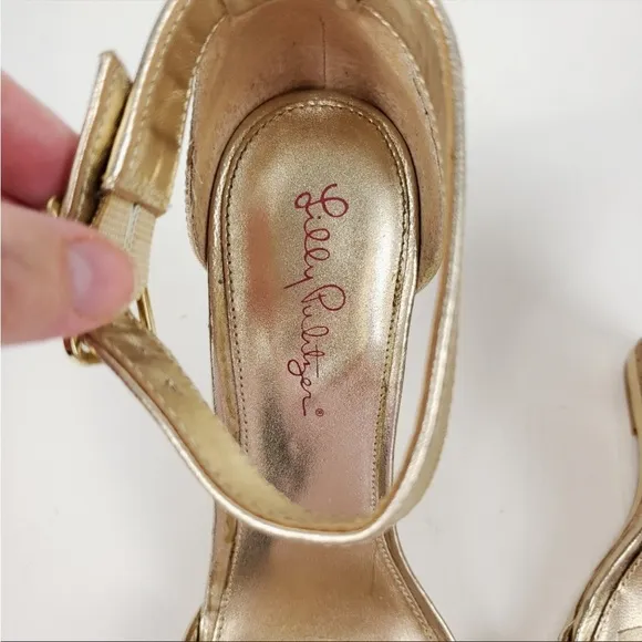 LILLY PULITZER Women's Gold Metallic Ankle Strap Cork Wedges Leather Sandals