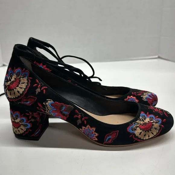 Loeffler Randall Clara Heels Embroidered Suede Ankle Tie Pumps Floral Black 6.5
