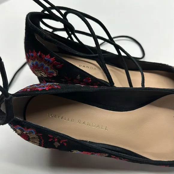 Loeffler Randall Clara Heels Embroidered Suede Ankle Tie Pumps Floral Black 6.5