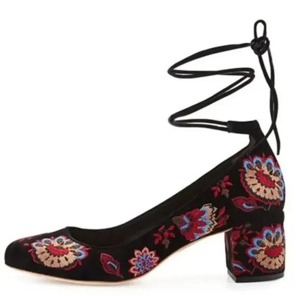 Loeffler Randall Clara Heels Embroidered Suede Ankle Tie Pumps Floral Black 6.5