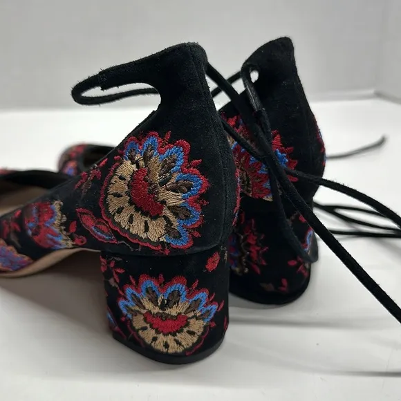 Loeffler Randall Clara Heels Embroidered Suede Ankle Tie Pumps Floral Black 6.5