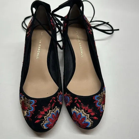 Loeffler Randall Clara Heels Embroidered Suede Ankle Tie Pumps Floral Black 6.5