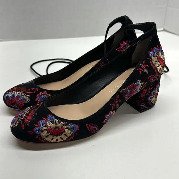 Loeffler Randall Clara Heels Embroidered Suede Ankle Tie Pumps Floral Black 6.5