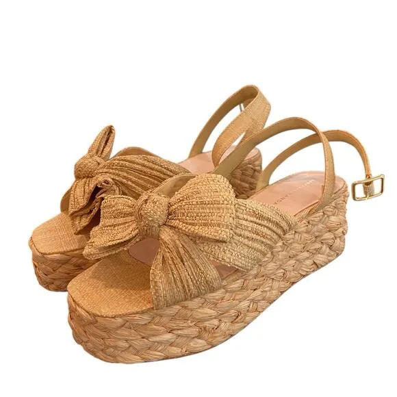 Loeffler Randall Gaby Sandals Platform Pleated Bow Espadrille Boho Raffia Sz 9.5