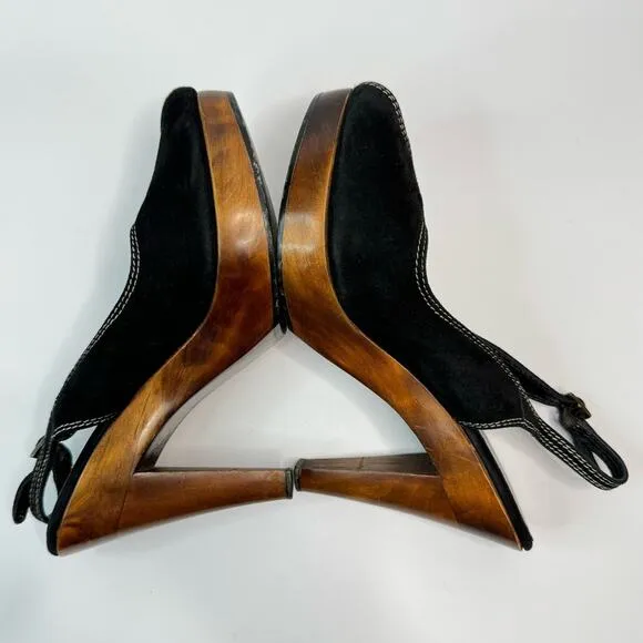 Loeffler Randall Heeled Sandals Oval Toe Ankle Straps Wooden Heel Black Brown 8B