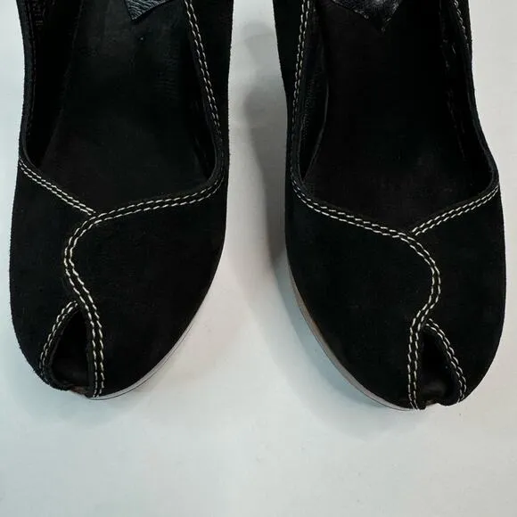 Loeffler Randall Heeled Sandals Oval Toe Ankle Straps Wooden Heel Black Brown 8B