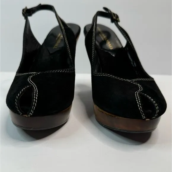 Loeffler Randall Heeled Sandals Oval Toe Ankle Straps Wooden Heel Black Brown 8B