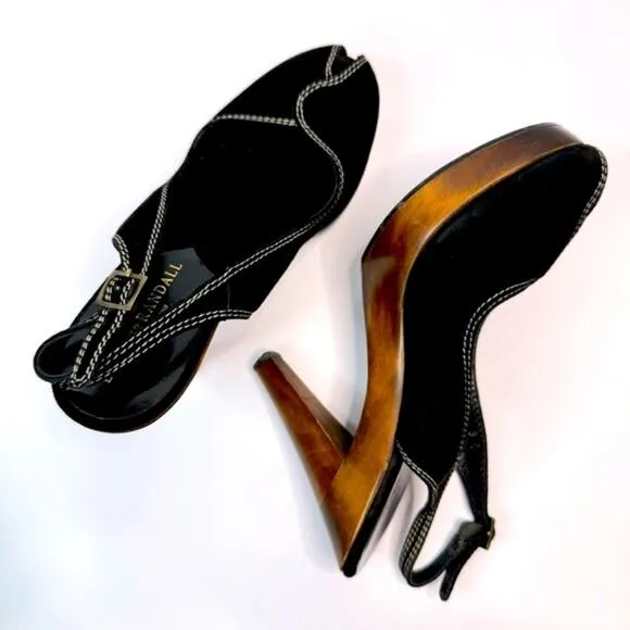Loeffler Randall Heeled Sandals Oval Toe Ankle Straps Wooden Heel Black Brown 8B