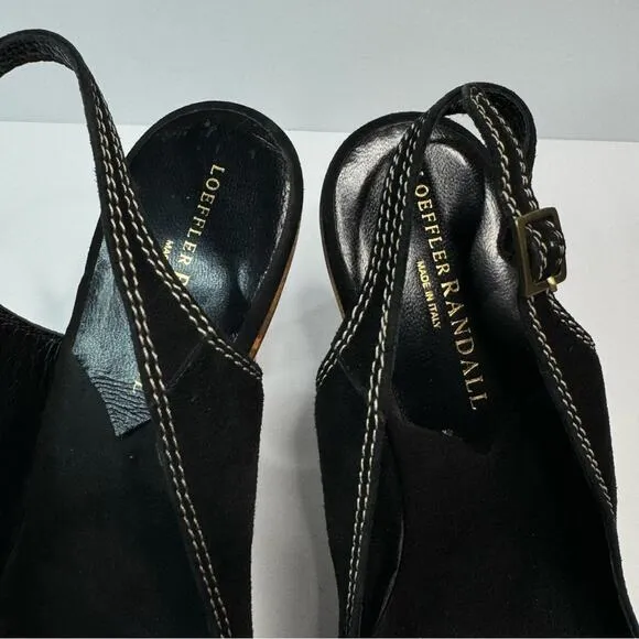 Loeffler Randall Heeled Sandals Oval Toe Ankle Straps Wooden Heel Black Brown 8B