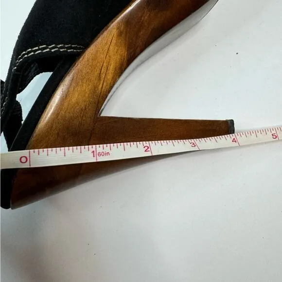 Loeffler Randall Heeled Sandals Oval Toe Ankle Straps Wooden Heel Black Brown 8B