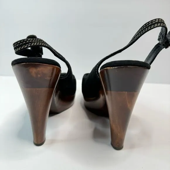 Loeffler Randall Heeled Sandals Oval Toe Ankle Straps Wooden Heel Black Brown 8B