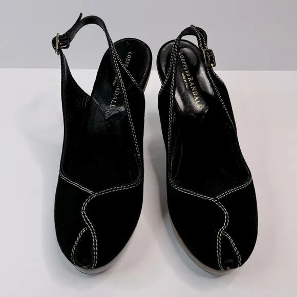Loeffler Randall Heeled Sandals Oval Toe Ankle Straps Wooden Heel Black Brown 8B