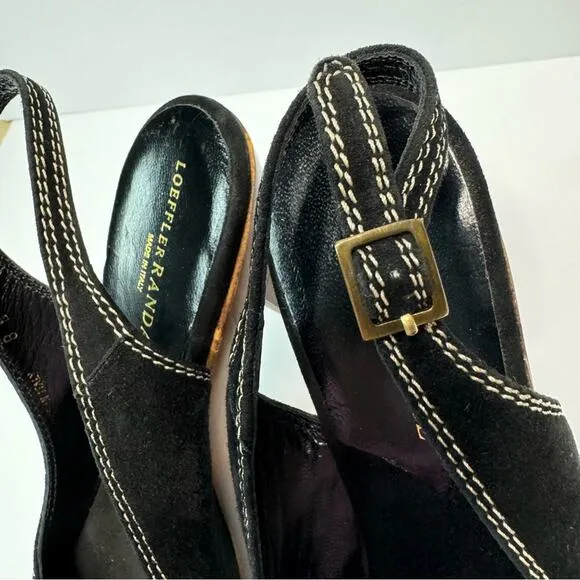 Loeffler Randall Heeled Sandals Oval Toe Ankle Straps Wooden Heel Black Brown 8B