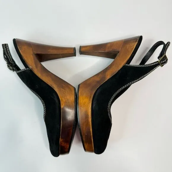 Loeffler Randall Heeled Sandals Oval Toe Ankle Straps Wooden Heel Black Brown 8B