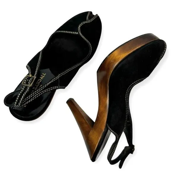 Loeffler Randall Heeled Sandals Oval Toe Ankle Straps Wooden Heel Black Brown 8B