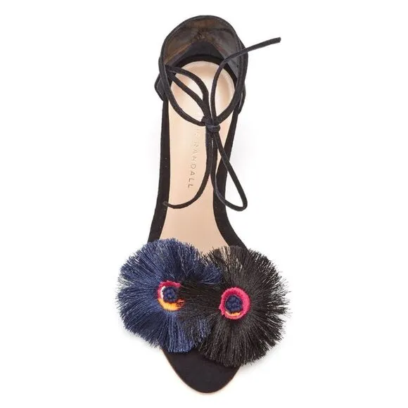 Loeffler Randall Virginia Floral Embroidered Suede Block Heel Tie Sandals 11 EUC