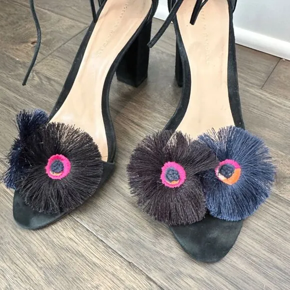 Loeffler Randall Virginia Floral Embroidered Suede Block Heel Tie Sandals 11 EUC