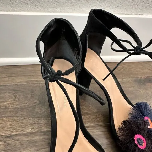 Loeffler Randall Virginia Floral Embroidered Suede Block Heel Tie Sandals 11 EUC