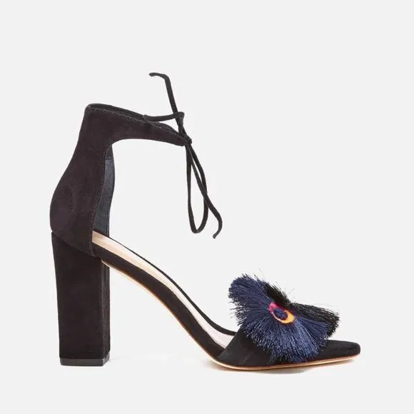Loeffler Randall Virginia Floral Embroidered Suede Block Heel Tie Sandals 11 EUC