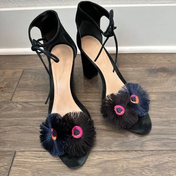 Loeffler Randall Virginia Floral Embroidered Suede Block Heel Tie Sandals 11 EUC