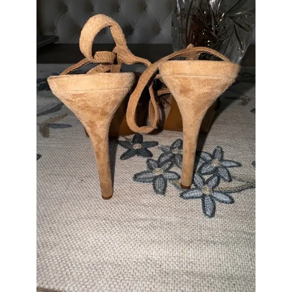 Lola Cruz Heels Rhinestone Embellished Cage Stiletto Sandals Beige 38