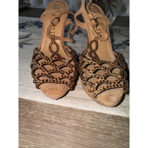 Lola Cruz Heels Rhinestone Embellished Cage Stiletto Sandals Beige 38