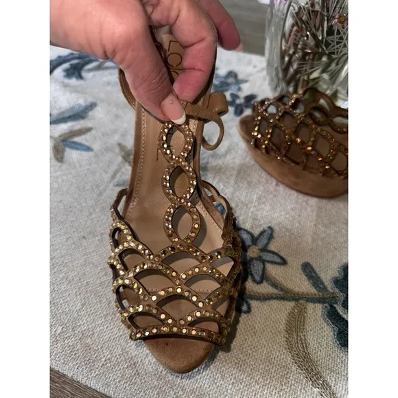 Lola Cruz Heels Rhinestone Embellished Cage Stiletto Sandals Beige 38