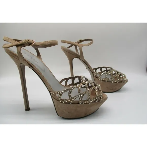Lola Cruz Heels Rhinestone Embellished Cage Stiletto Sandals Beige 38