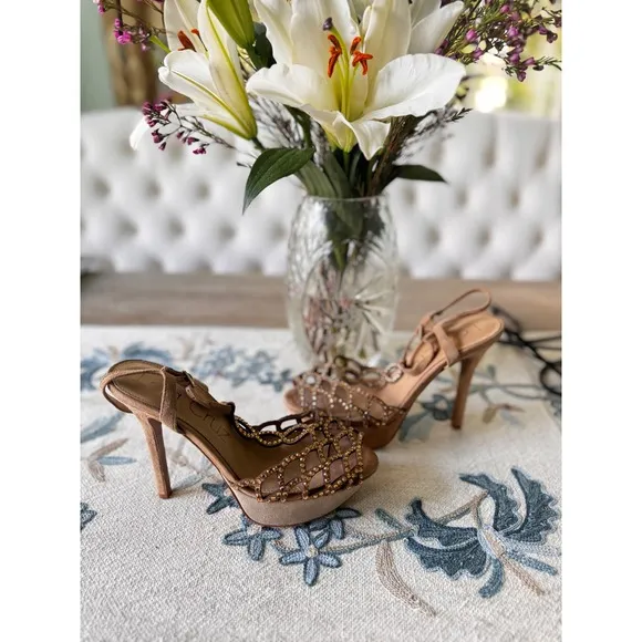 Lola Cruz Heels Rhinestone Embellished Cage Stiletto Sandals Beige 38