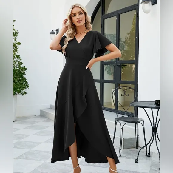Long Black Formal Dress Cocktail Dress Split Elegant V Neck Wrap Ruffle