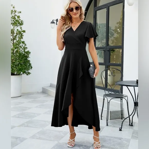 Long Black Formal Dress Cocktail Dress Split Elegant V Neck Wrap Ruffle