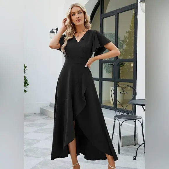 Long Black Formal V Neck Wrap Ruffle Gowns Evening Party Wedding Cocktail Dress