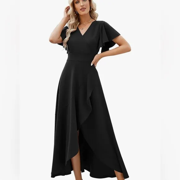 Long Black Formal V Neck Wrap Ruffle Gowns Evening Party Wedding Cocktail Dress