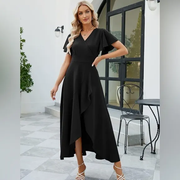 Long Black Formal V Neck Wrap Ruffle Gowns Evening Party Wedding Cocktail Dress