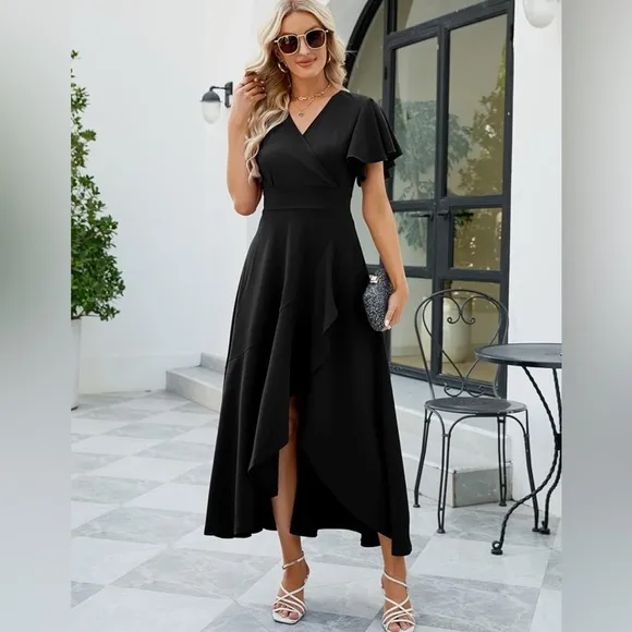 Long Black Formal V Neck Wrap Ruffle Gowns Evening Party Wedding Cocktail Dress